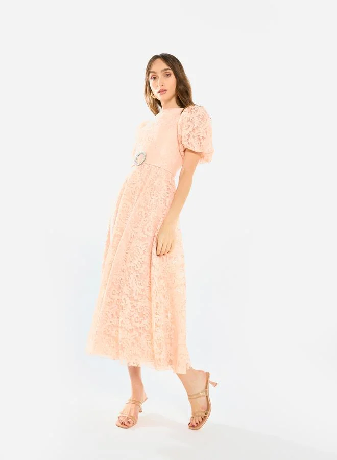 House of Moda Women Floral Lace Puff Sleeve Midi Dress
